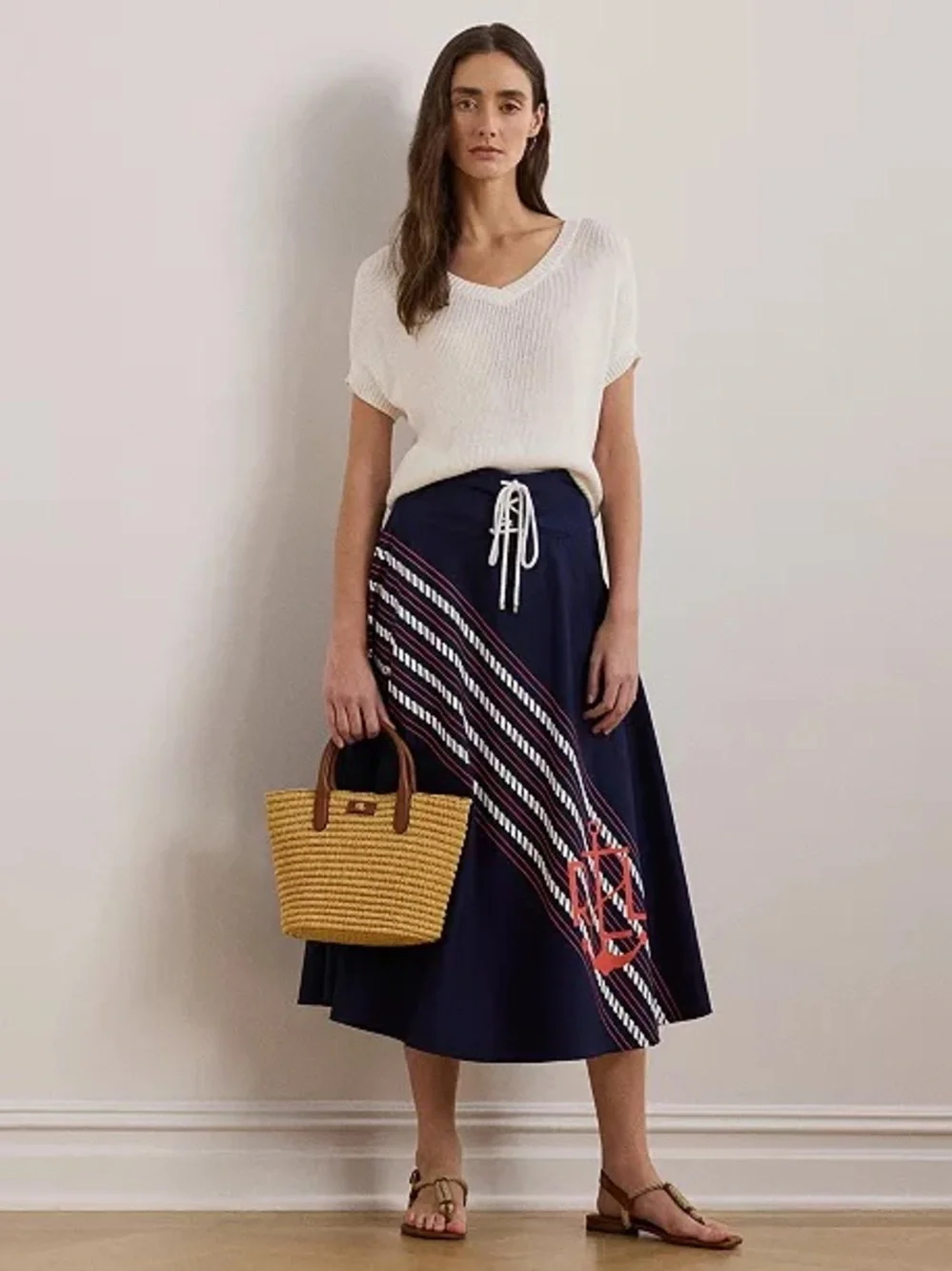 Ralph Lauren Rope Nautical Print Navy Midi Skirt Twill Lace 22W NWT Bear Preppy - Picture 5 of 5